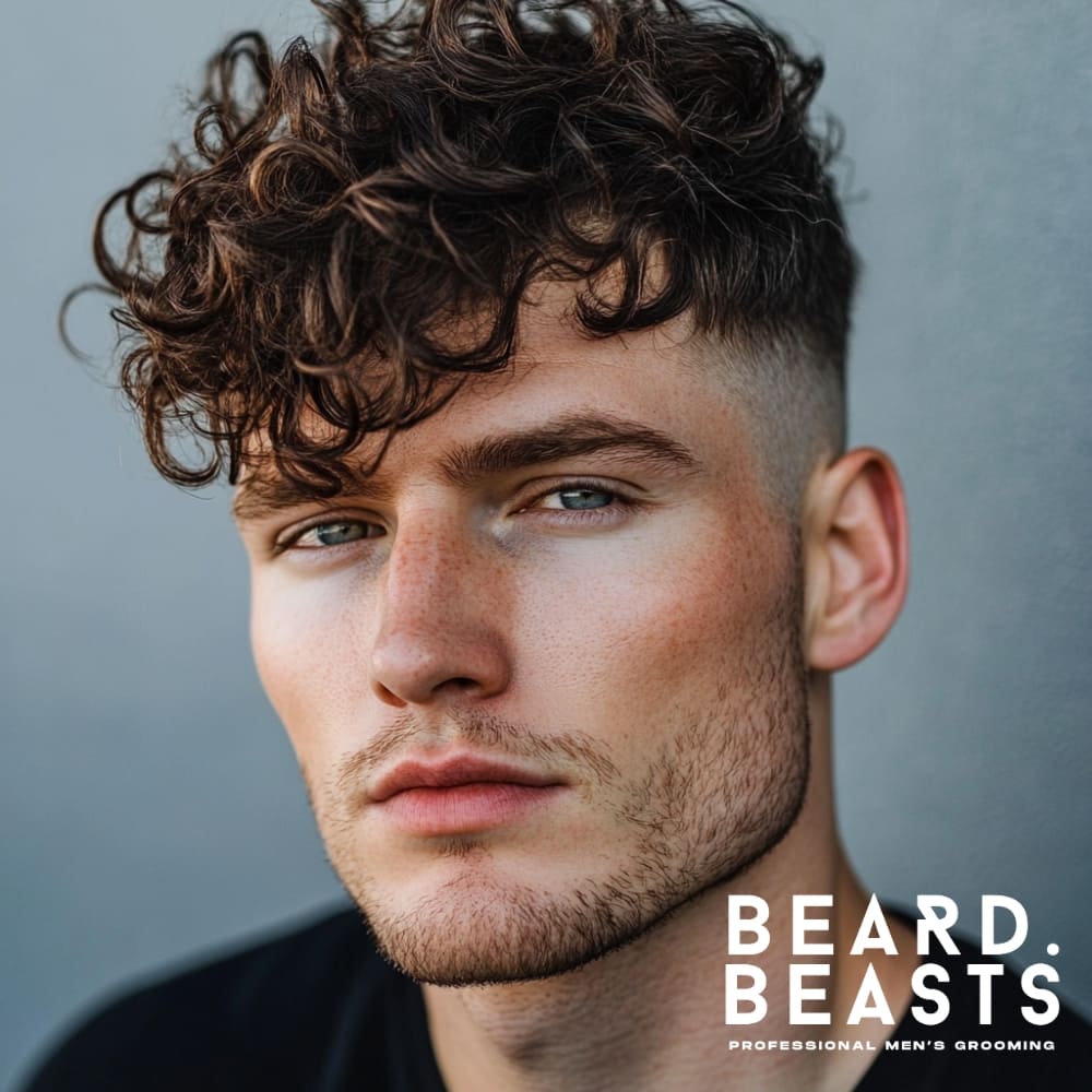 A close-up portrait of a man featuring a mid skin fade with a curly top hairstyle. The fade starts at the mid-point of the head, blending smoothly into the skin, creating a sharp contrast with the voluminous, naturally curly hair on top. The curls are defined and textured, adding movement and a modern, relaxed vibe to the overall look. The man’s subtle facial stubble complements the haircut, enhancing the stylish and well-groomed appearance. The clean background and branding in the corner, "Beard Beasts – Professional Men's Grooming," emphasize the professional and polished aesthetic of the style.