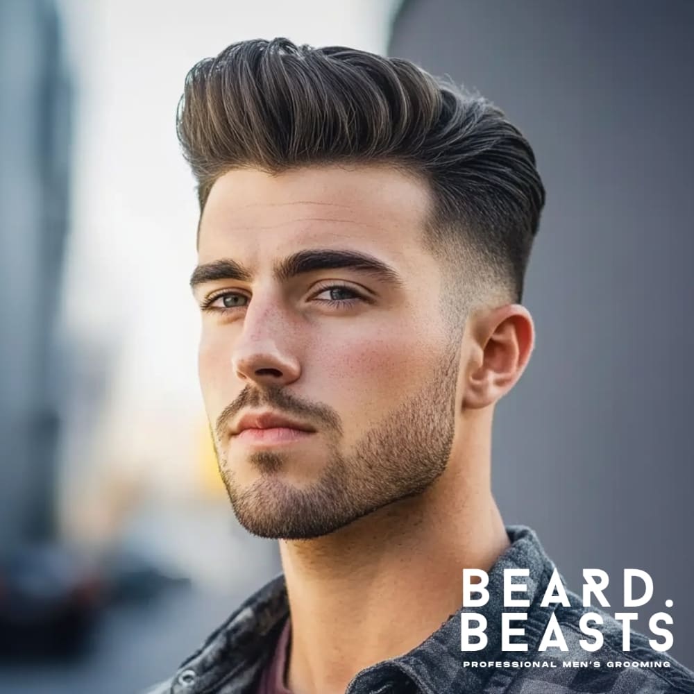 A confident man showcasing a mid skin fade with a pompadour hairstyle, standing in an urban outdoor setting. The fade starts at the mid-point of the head and transitions seamlessly into the skin, creating a sharp and clean appearance. The pompadour is styled with height and volume, featuring smooth waves and a polished finish, giving the look a bold and sophisticated edge. The man’s neatly groomed beard complements the haircut, enhancing the sharpness and symmetry of his features. The "Beard Beasts – Professional Men's Grooming" branding adds a professional and premium touch to the image.