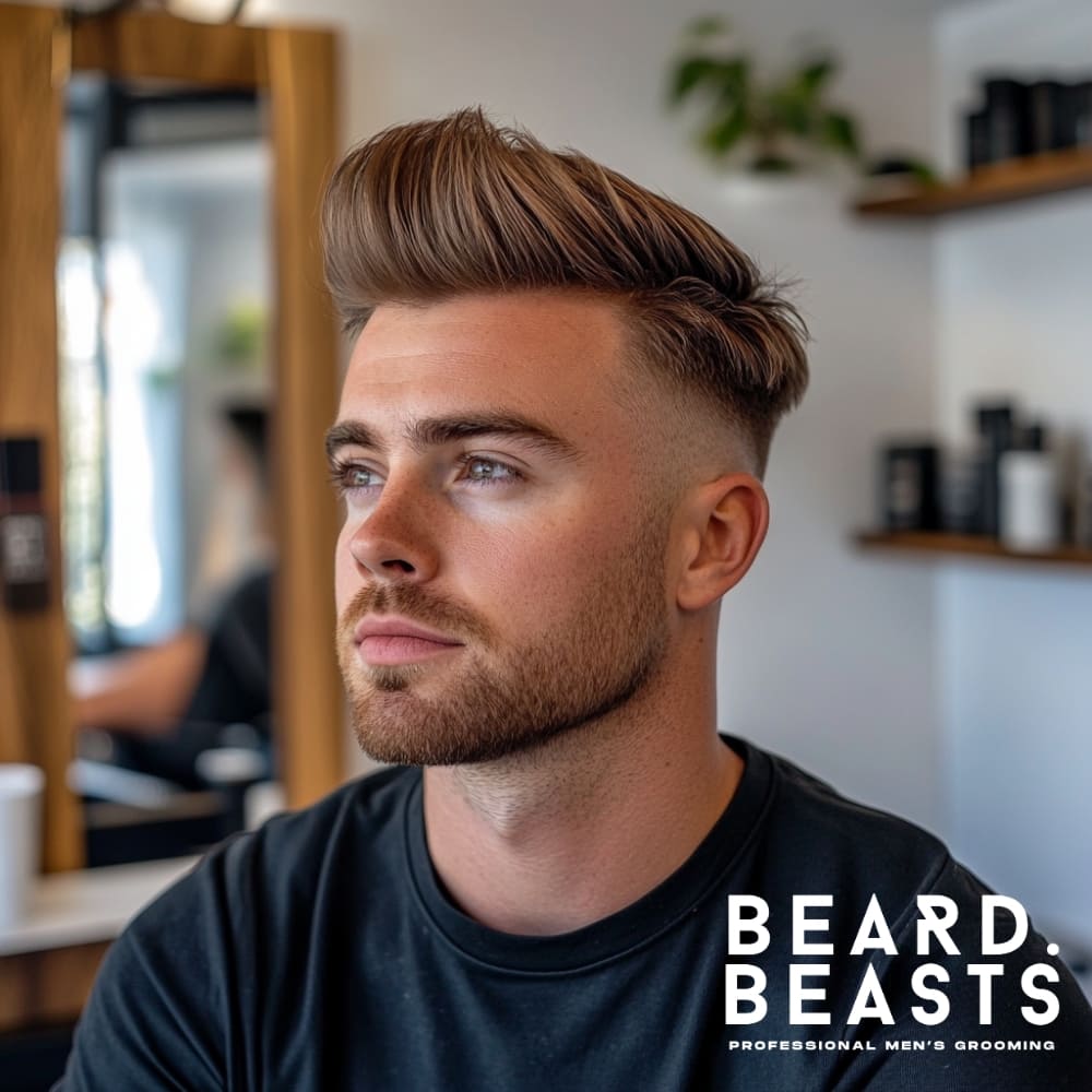 A stylish man showcasing a mid skin fade with a quiff hairstyle, seated in a modern barbershop. The fade starts at the mid-point of the head, blending seamlessly into the skin, creating a sharp and clean contrast with the voluminous quiff on top. The quiff is styled upward and back, featuring smooth texture and a polished finish, adding height and dimension to the overall look. The man’s neatly trimmed beard complements the haircut, enhancing the well-groomed and sophisticated appearance. The background features contemporary barber tools and a minimalist design, with the "Beard Beasts – Professional Men's Grooming" branding emphasizing the professional aesthetic.