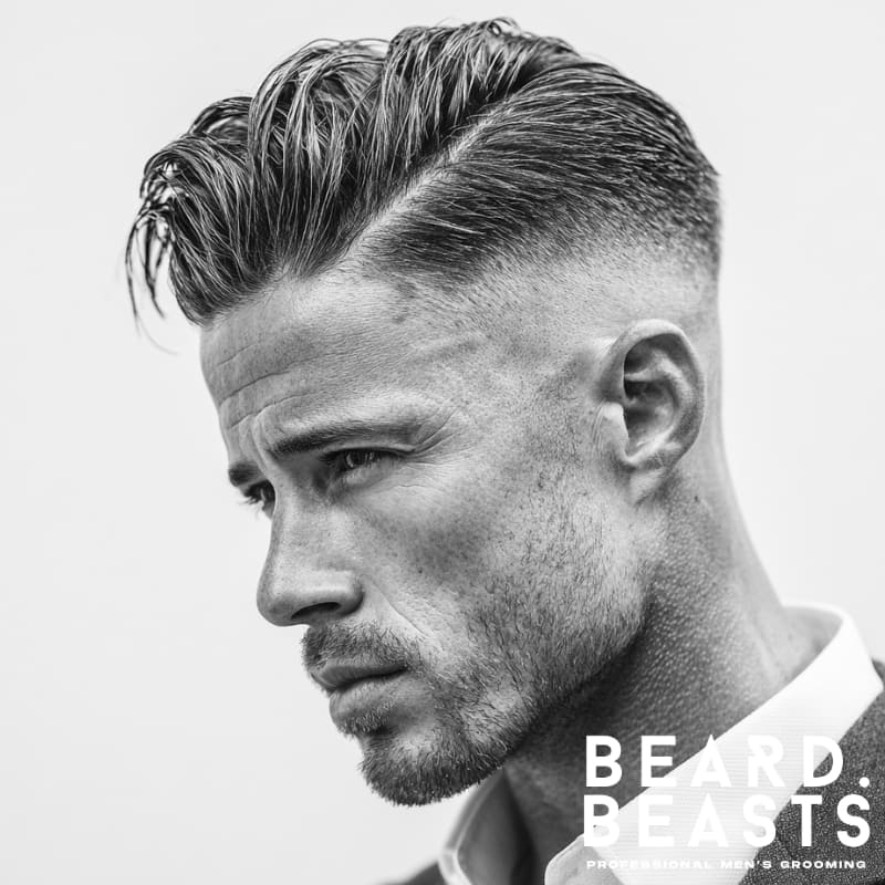 Man with a modern slicked back side part—textured finish with loose volume, matte styling, and a soft mid fade for a relaxed but refined look.
