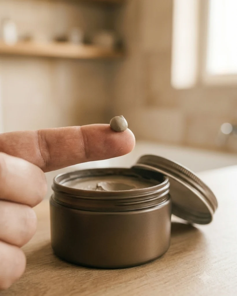 Pea-sized amount of hair clay on a fingertip beside an open container