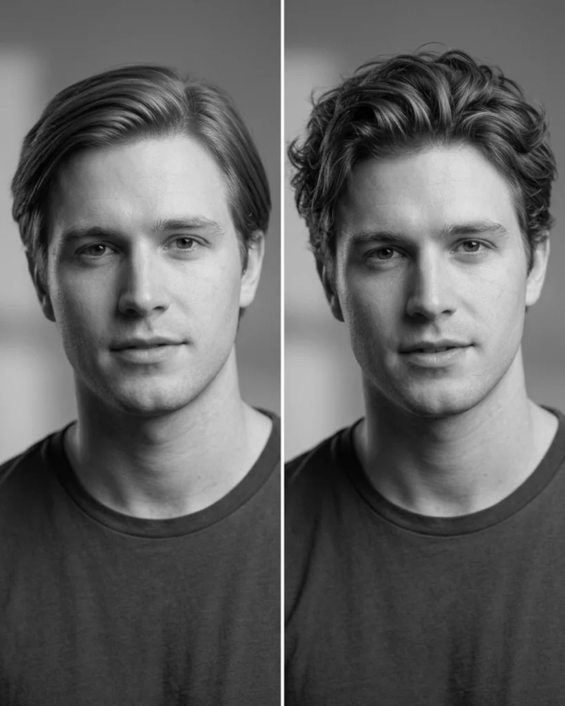 Before and after of a man’s hairstyle showing how sea salt spray adds texture and separation by making hair less smooth.