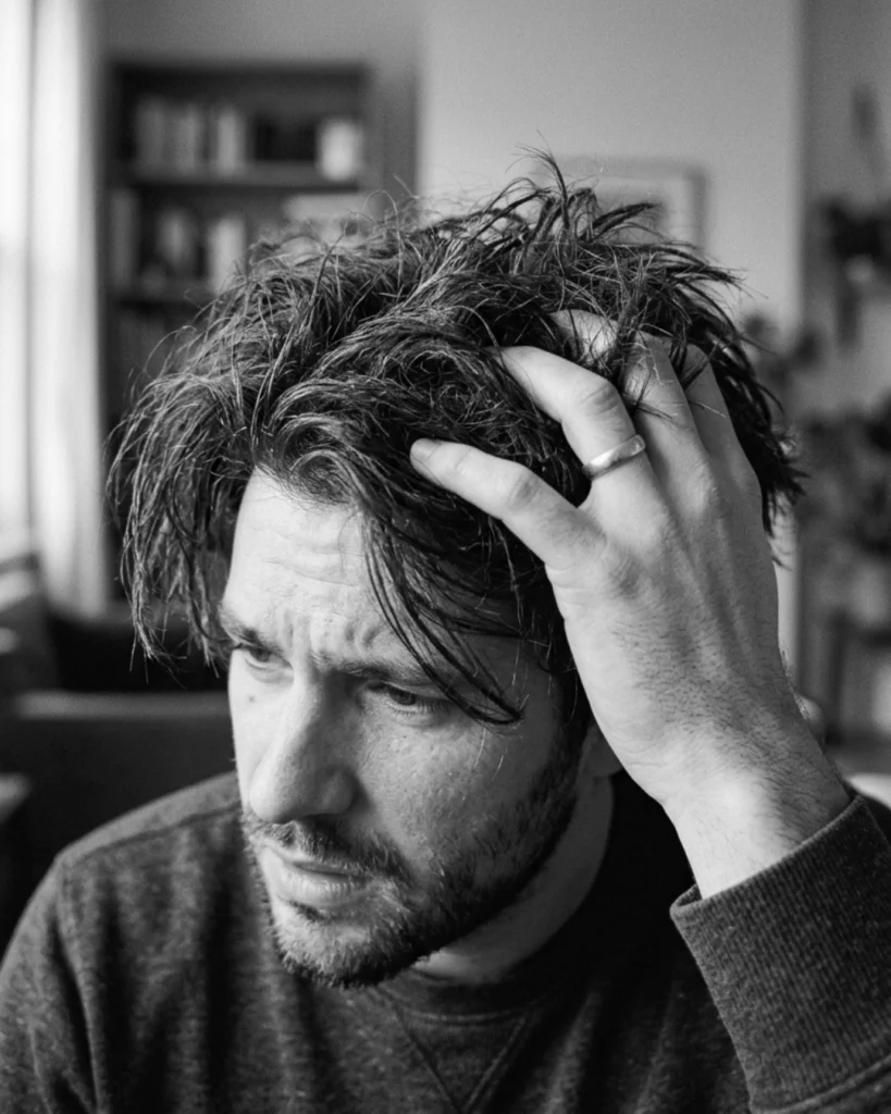 Man checking dry, rough hair caused by overusing sea salt spray, showing the product’s main drawback.