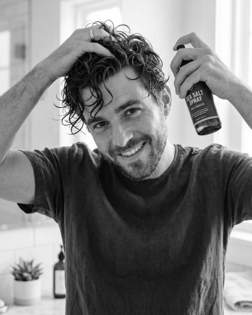Man applying sea salt spray to naturally wavy hair to enhance texture, movement, and curl definition.