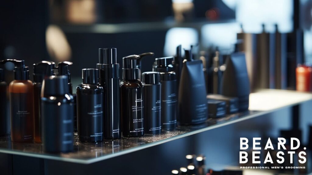 A sleek, modern shelf displays an array of men’s hair styling products, including sea salt sprays, pomades, and grooming essentials in black bottles. The stylish, minimalist packaging reflects a premium men’s grooming experience. The setup is illuminated by soft lighting, emphasizing the high-quality presentation. The Beard Beasts logo and tagline,