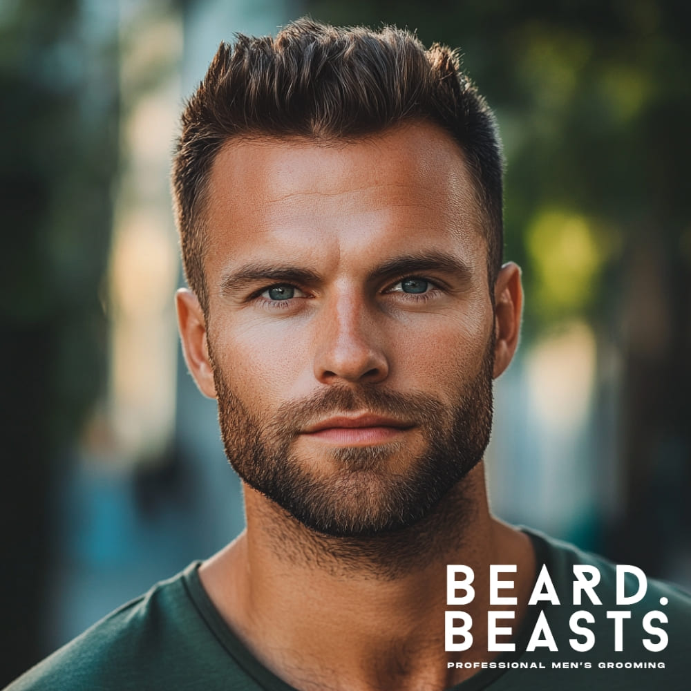 A well-groomed short boxed beard on a man with a strong jawline and structured facial features, ideal for a triangle face shape. The beard is neatly trimmed with defined cheek lines and a clean neckline, enhancing facial balance. His hairstyle complements the beard, creating a polished and masculine look. Perfect for showcasing the best beard styles for a triangle face shape.