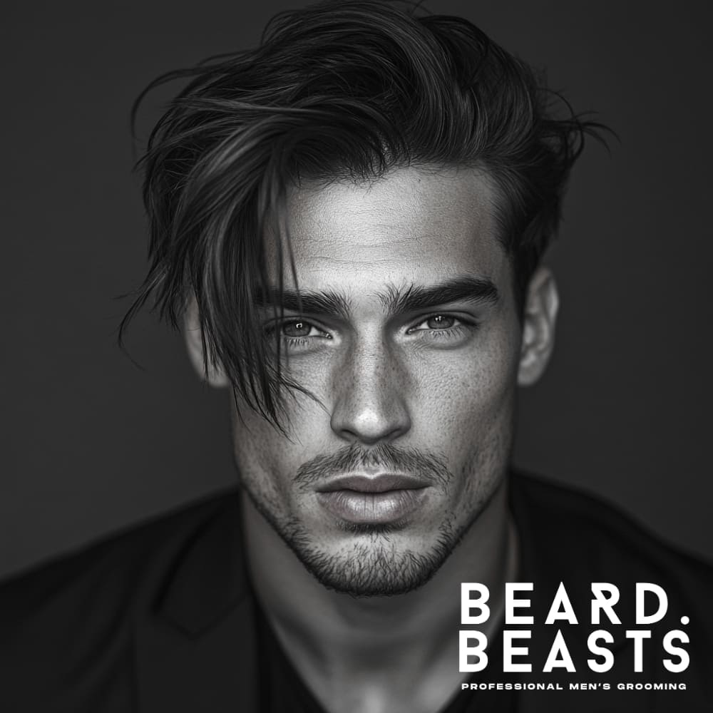 A stylish man with side-swept messy hair, featuring straight, voluminous strands falling naturally to one side. His textured, tousled hairstyle creates a modern, effortless look, perfect for men seeking a trendy yet casual appearance. He has a sharp jawline, light stubble, and wears a dark blazer, enhancing the rugged yet refined aesthetic. The black-and-white color scheme adds a high-fashion editorial feel.