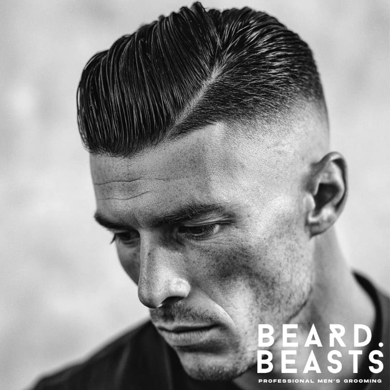 Man with a slicked back side part and high fade—sharp disconnect from top to sides, hard part line, and ultra-clean finish with defined volume.