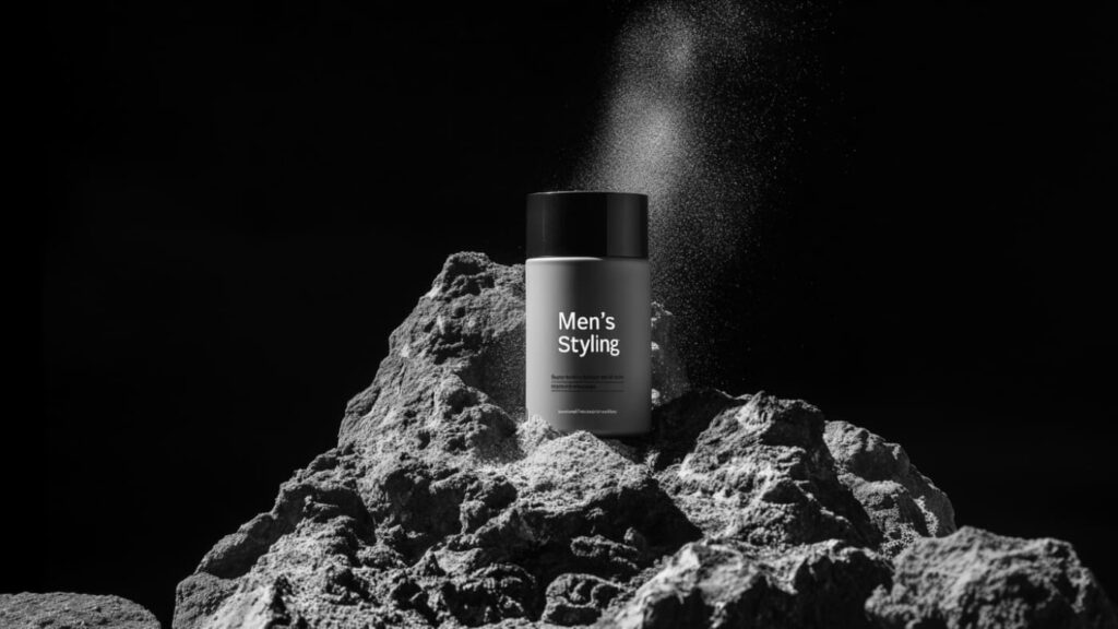Men's styling powder bottle on textured rocks with powder dispersing into the air, set against a dark background. A modern grooming product for volume and texture