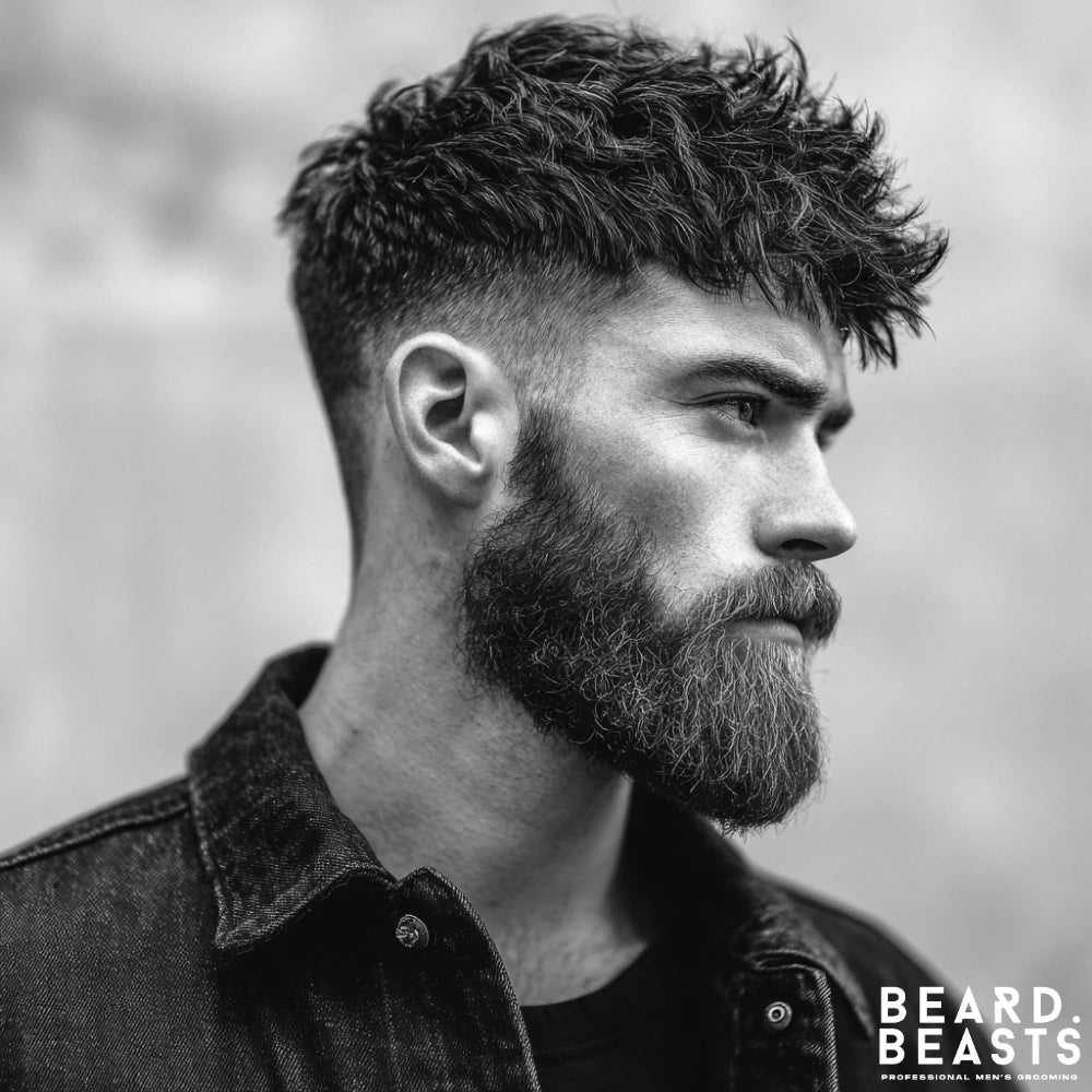 Man with a textured crop hairstyle styled with matte hair clay and a full beard