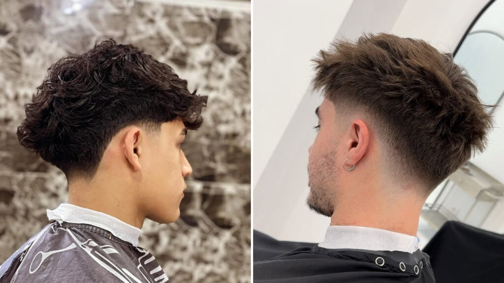A side-by-side comparison of two men illustrating the differences between a low taper vs low fade haircut. On the left, the man showcases a low taper, featuring a gradual transition from thick, wavy hair on top to shorter lengths near the neckline, resulting in a natural and subtle look. On the right, the man displays a low fade, characterized by a sharp gradient blending down to the skin for a bold, modern finish. This comparison highlights the distinct approaches of a low taper vs low fade, with the taper offering a softer, professional style and the fade delivering a striking, high-contrast appearance. Both images are captured in barbering environments, emphasizing the professional precision of these popular haircut styles.