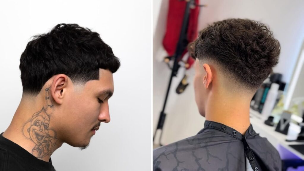 A side-by-side comparison of two men showcasing the differences between a low taper vs low fade haircut. On the left, the man displays a low taper haircut, featuring a gradual and subtle transition from longer hair at the top to shorter hair near the neckline, creating a clean and natural appearance. On the right, the man exhibits a low fade haircut, characterized by a sharp gradient that blends down to the skin for a bold and modern finish. The comparison highlights the distinct transitions and styling effects of a low taper vs low fade, with the taper offering a professional and versatile look, while the fade provides a striking and edgy style. Both haircuts demonstrate professional barbering techniques, with each cut suited to different preferences and hair types.
