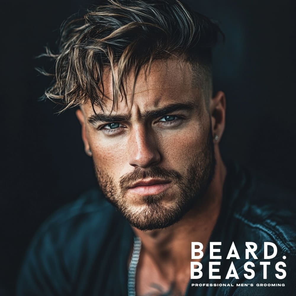 A stylish man with an undercut and textured top, featuring straight, messy hair styled with volume and movement. His sharp fade on the sides contrasts with the tousled, windswept look on top, creating a modern and edgy men's hairstyle. He has a well-groomed beard, piercing blue eyes, and wears a black leather jacket, adding to his rugged and confident aesthetic.
