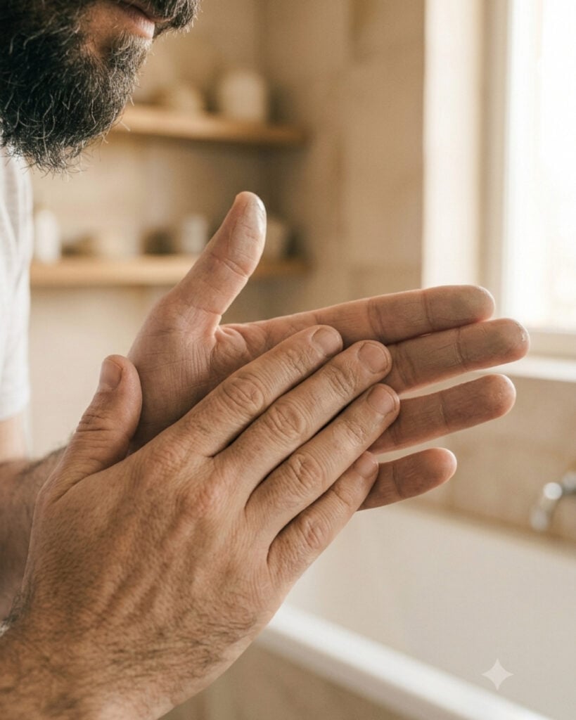Man warming hair clay between his palms before applying it