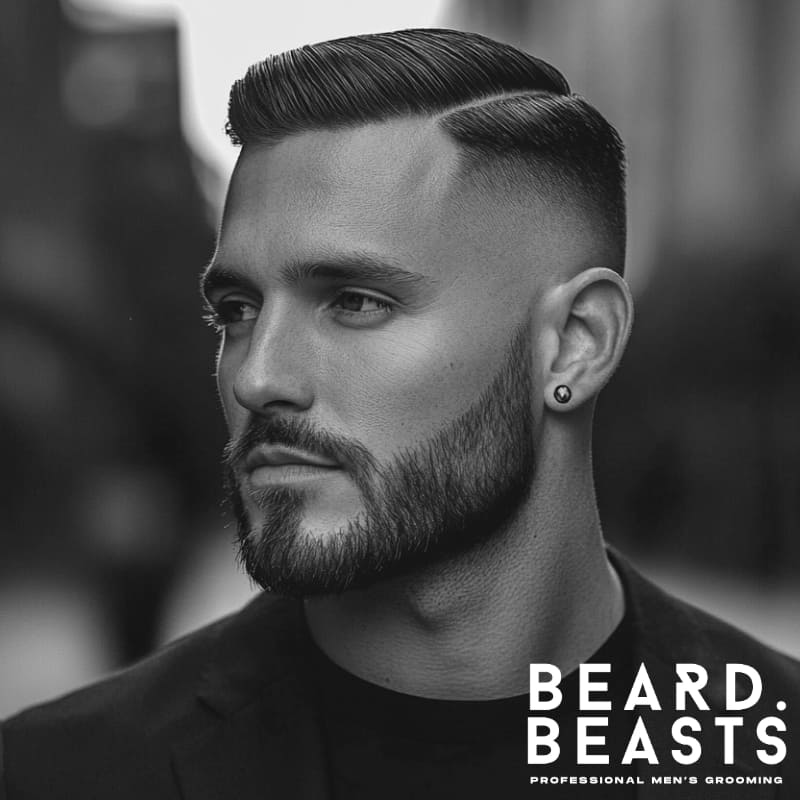 A confident man with a bald fade comb over and a precisely trimmed short beard, featuring a sleek, side-swept top with a sharp, defined part. The bald fade seamlessly blends into the skin, creating a bold contrast between the closely shaved sides and the polished, structured hair on top. His neatly shaped short beard enhances his strong jawline, adding to the modern and sophisticated aesthetic. Dressed in a fitted black suit, he exudes confidence and style against a blurred urban backdrop. The