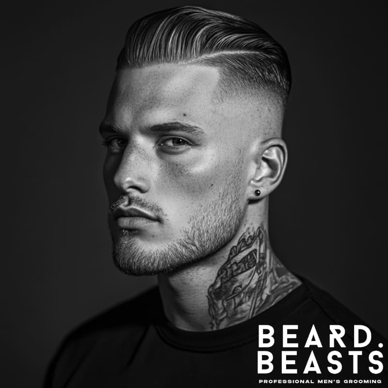 A stylish man with a bald fade slick back hairstyle, featuring a sharp hard part that adds definition and contrast to the look. The bald fade seamlessly transitions from shaved sides to the slicked-back top, creating a bold and structured style. He has a chiseled jawline, a neatly trimmed beard, and a striking neck tattoo, enhancing his edgy and modern appearance. Dressed in a black t-shirt with a sleek stud earring, he exudes confidence and masculinity.