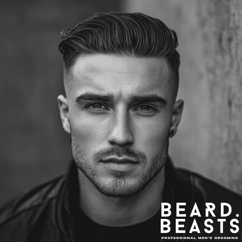 A confident man with a bald fade textured slick back hairstyle, featuring a sharp fade that transitions seamlessly into the voluminous, tousled top. His hair is styled back with natural movement, giving a modern and effortless look. He has a neatly trimmed beard, piercing eyes, and wears a black leather jacket, adding to his edgy and stylish appearance. The monochrome aesthetic enhances the sharp contrast of the haircut.