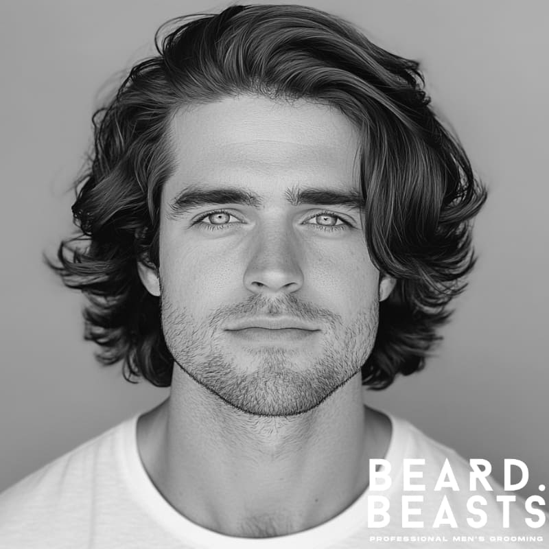 Man with a thick, wavy Bro Flow hairstyle wearing a white t-shirt, showcasing one of the best men’s long haircuts for thick hair—natural volume, flow, and mid-length shape ideal for oval face shapes.