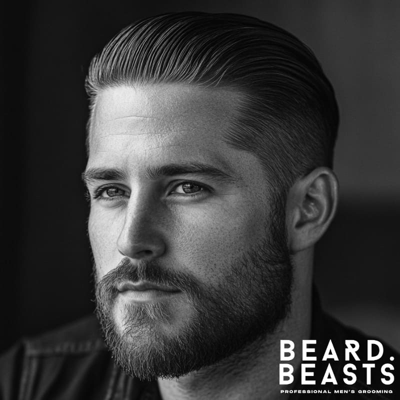 A striking black-and-white portrait of a confident man with a slicked-back hair and beard combo, exuding timeless masculinity and refinement. His neatly styled slicked-back hair showcases a smooth, structured finish, complementing his well-groomed short beard for a sharp, polished look. The high-contrast lighting enhances his chiseled features, creating a powerful and sophisticated presence.