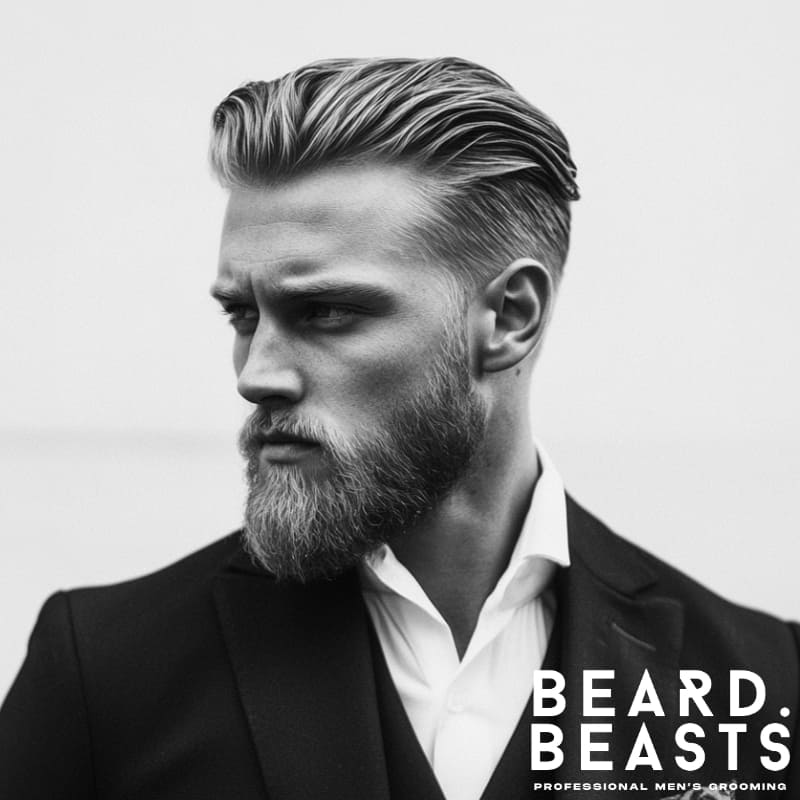 A refined black-and-white portrait of a man featuring a classic slicked-back hair and beard combo, exuding elegance and confidence. His smooth, precisely styled slicked-back hair pairs seamlessly with a tapered beard, creating a sharp, well-groomed look that balances sophistication with masculinity. The subtle fade on the sides enhances facial structure, while the neatly trimmed beard adds depth and definition. Dressed in a tailored suit, this style is ideal for men who want a polished, professional appearance with a modern edge. The Beard Beasts branding reinforces a commitment to high-quality men’s grooming and timeless style.