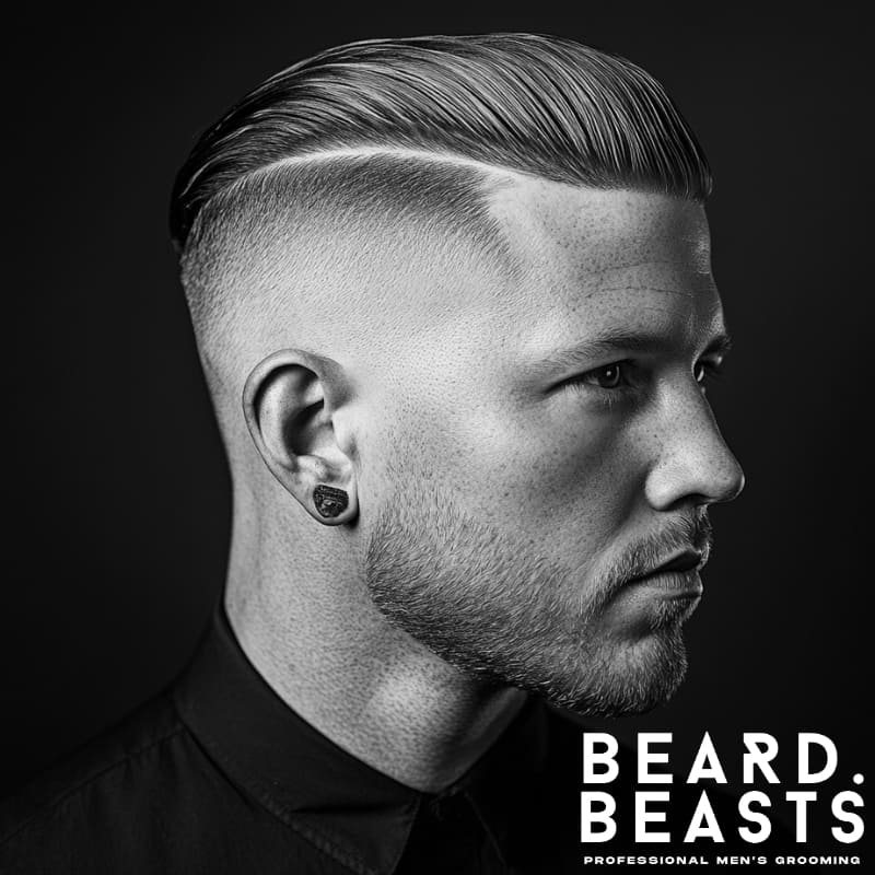 A stylish man with a bald fade slick back hairstyle, featuring a sharp hard part and a smooth transition from a skin-close fade to neatly combed-back hair. His well-groomed beard complements the clean, structured look. He is wearing a black collared shirt and a sleek black stud earring, enhancing his modern and professional appearance. The monochrome aesthetic and soft lighting emphasize the sharp details of the haircut.