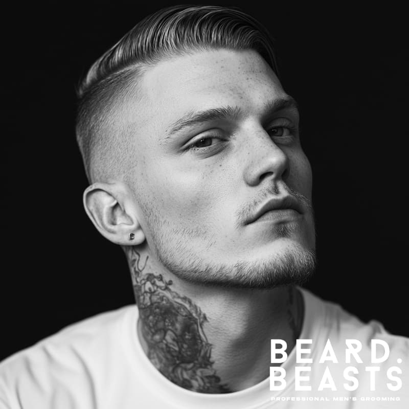 A confident man with a comb over undercut haircut, featuring a sleek, side-swept top with a sharp fade that creates a bold contrast. His strong facial features are enhanced by the clean lines of the undercut, giving the look a modern and edgy appeal. A neatly trimmed light beard and detailed neck tattoo add to his striking, stylish presence. Dressed in a crisp white t-shirt against a dark background, the black-and-white composition highlights the precision of the haircut. The