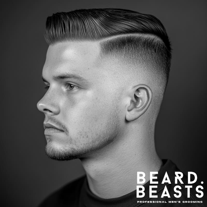 A black-and-white side-profile portrait of a man with a sleek, well-groomed hairstyle featuring a sharply defined part and a smooth fade that curves naturally around the ears. The clean fade transitions seamlessly into the neatly styled top, creating a polished and structured look. His facial hair is trimmed to perfection, complementing his strong jawline. The blurred background keeps the focus on his haircut and facial features.