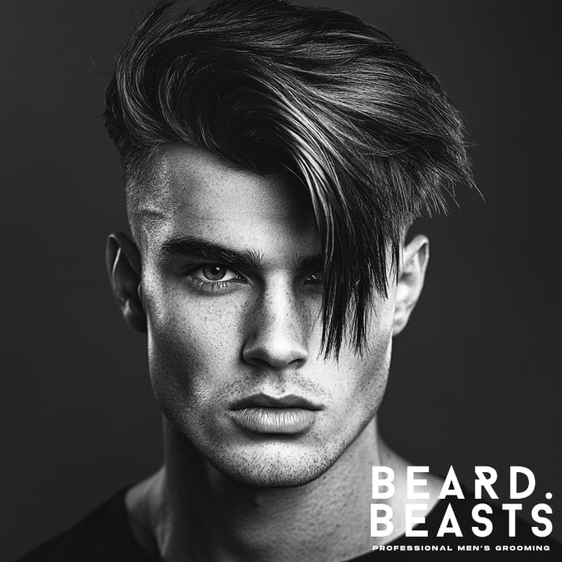 A black-and-white close-up portrait of a man with a Comb Over Undercut with Side-Swept Fringe, featuring a dramatically long fringe falling across one side of his face. The undercut on the sides is sharp and clean, creating a striking contrast with the voluminous, textured top. His intense gaze, strong jawline, and smooth complexion add to the bold, high-fashion aesthetic. The blurred background enhances focus on his hairstyle and facial features.