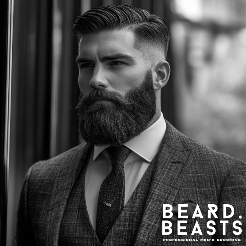 A distinguished Comb Over Undercut with a Full Beard, featuring a sleek, side-parted hairstyle with a clean fade on the sides. The thick, well-groomed beard adds a bold, masculine contrast, enhancing the model’s refined and powerful look. Dressed in a tailored suit with a vest and tie, he exudes confidence and sophistication. The monochrome aesthetic highlights the timeless elegance of this professional men’s grooming style. The Beard Beasts logo in the lower right corner reinforces the brand’s commitment to premium grooming and styling products.