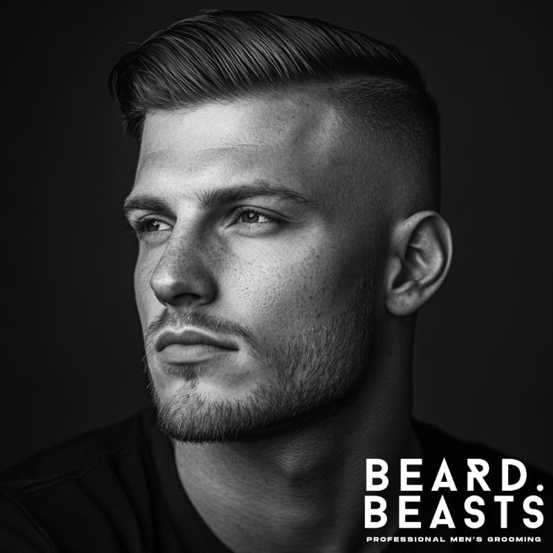 Black and white portrait of a man with a sharp hairstyle and a clean bald fade. He has a neatly groomed stubble that highlights his jawline. The overall look is polished and modern, with strong attention to grooming and detail. The lighting emphasizes the texture of his hair and facial hair, enhancing the clean, masculine style.