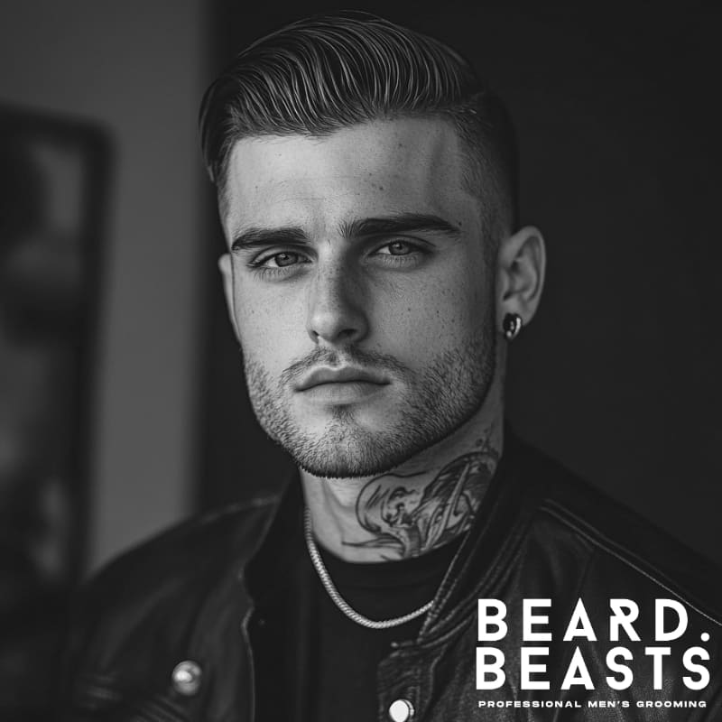 A black-and-white close-up portrait of a man with a Comb Over with Buzz Cut Undercut, featuring a sleek, neatly combed top with an extremely short, buzzed undercut on the sides. The sharp contrast between the top and the buzzed sides creates a bold, structured look. His well-defined jawline, light stubble, and neck tattoo add to his modern, edgy appearance. Dressed in a leather jacket with a chain necklace, he exudes confidence and style.