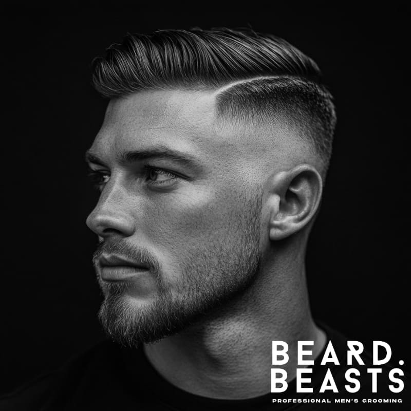 Black-and-white side profile of a man featuring a sharp comb over hairstyle with a clean drop fade. His hair is neatly parted with a defined line, and the top is smoothly styled to the side. He has a short, well-groomed beard that enhances his jawline, creating a balanced and modern comb over and beard style.