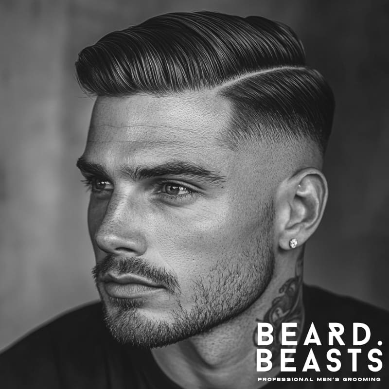 A black-and-white portrait of a man with a sleek comb over hairstyle featuring a defined hard part. The sides are neatly faded, emphasizing the sharp contrast with the polished top. He has a short, well-groomed beard that complements his chiseled jawline and adds to his modern, masculine style. His ear piercing and visible neck tattoo add a touch of edginess to the clean-cut look. This image highlights a trendy and refined example of a comb over and beard style.