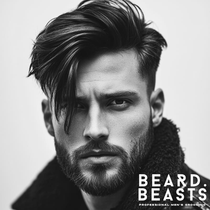 A black-and-white image of a man with a bold comb over hairstyle featuring a side-swept fringe, paired with a neatly trimmed full beard. His thick hair is styled with volume and texture, dramatically falling over one side of his forehead. The beard adds definition to his strong jawline, complementing the modern and edgy comb over and beard style. He wears a dark coat with a textured collar, enhancing the sharp, fashionable look.
