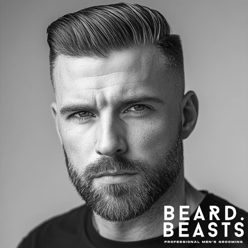 A black-and-white close-up portrait of a man with a sharp hairstyle. His hair is styled with a clean side part and smooth top, paired with a high fade that tapers into the sides. He sports a neatly trimmed facial style that adds structure to his face. His intense expression and strong features highlight a bold, masculine appearance.