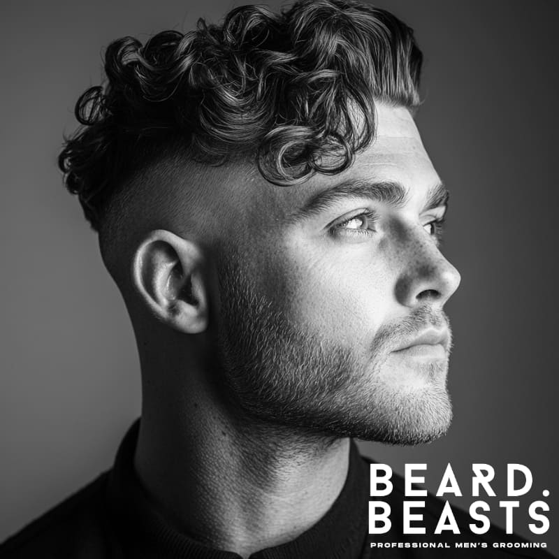 A black-and-white side-profile portrait of a man with a Curly Comb Over Undercut, featuring voluminous, well-defined curls on top and a sharp undercut on the sides. The curls are styled with natural movement, creating a dynamic contrast with the clean fade. His short beard and sharp jawline complement the hairstyle, adding balance to his facial structure. The blurred background emphasizes his hairstyle and grooming details, making it the focal point.