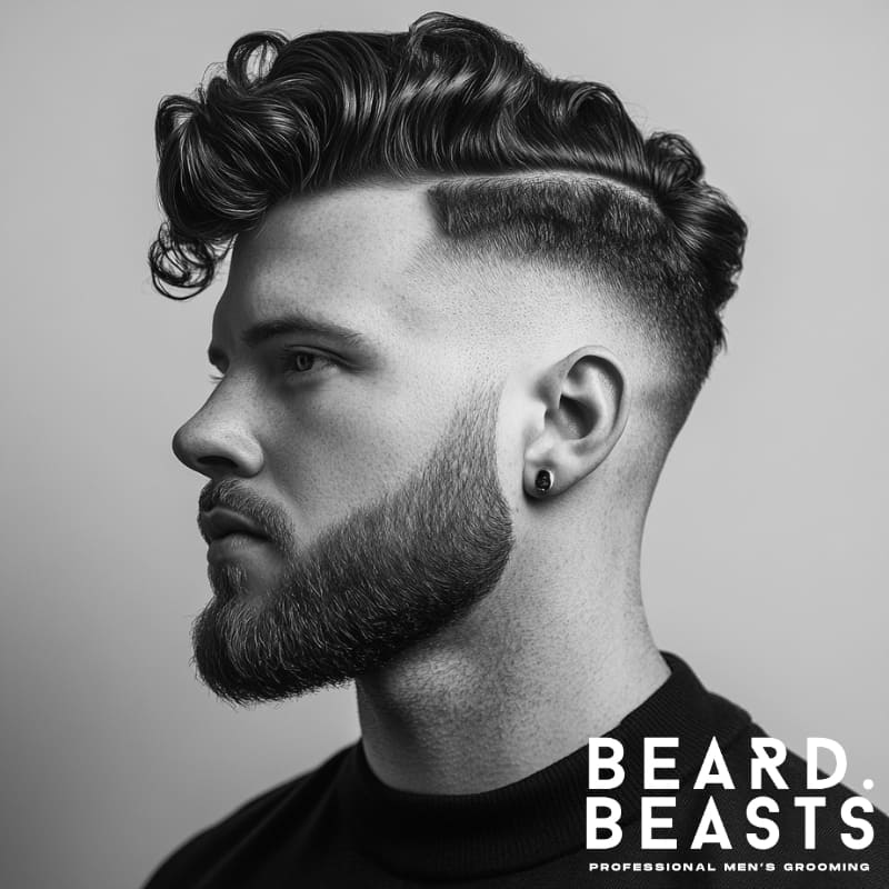 Black-and-white side profile of a man with a curly hair comb over hairstyle paired with a sharply groomed short beard. His voluminous curls are styled to the side with a pronounced hard part and a clean skin fade. The well-defined beard lines and sharp jawline enhance the contrast between the textured top and the clean sides, creating a bold and stylish comb over and beard style.