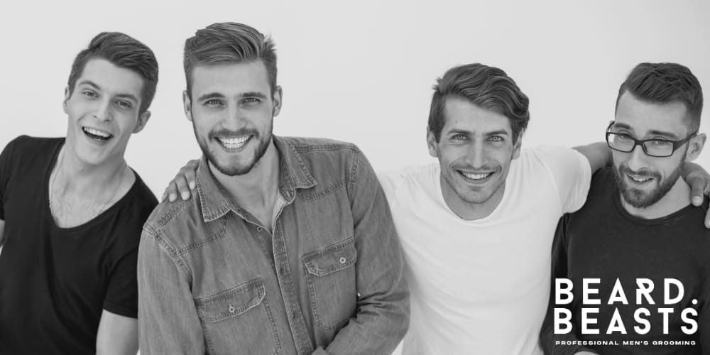 Four men with different face shapes and hairstyles, showcasing how to choose the perfect haircut for your face shape. The image aligns with Beard Beasts' focus on professional men's grooming and highlights diverse styles for a confident, well-groomed look
