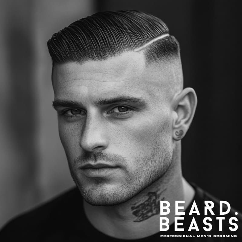A close-up black-and-white portrait of a man with a hard part comb over undercut, featuring a sharp fade on the sides and a sleek, combed-over top. His hair is styled with precision, showcasing a defined hard part for a structured, polished look. He has a chiseled jawline, light stubble, and a subtle tattoo on his neck, adding to his bold and masculine appearance.