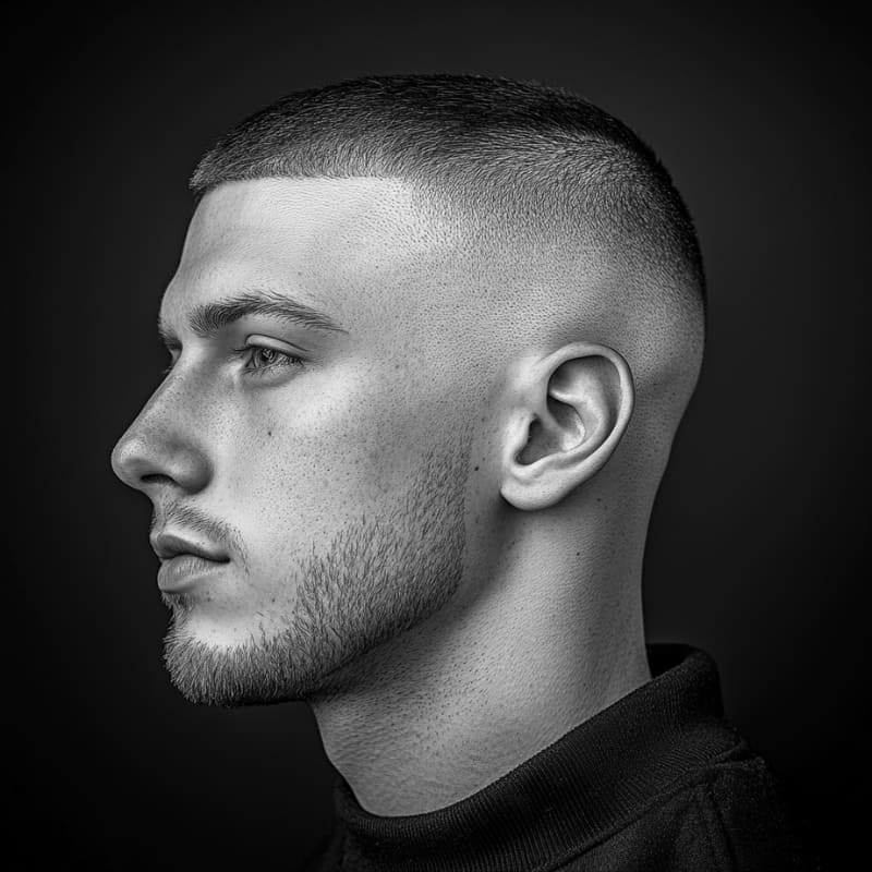 A black-and-white side profile portrait of a young man with a high drop fade with a buzz cut. His haircut features a sharp, high fade that smoothly tapers around the sides and back, blending seamlessly into the skin. The top is closely cropped and evenly trimmed, characteristic of a classic buzz cut, giving the style a clean and low-maintenance look. He has a neatly shaped beard and wears a dark turtleneck, enhancing the sharp and structured aesthetic. The dark background adds contrast, drawing attention to the crisp details of the haircut.