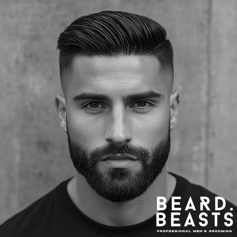 A black-and-white close-up portrait of a man with a high fade comb over undercut and a well-groomed full beard. His hair is styled with volume and a clean, precise comb-over, creating a structured and modern look. The high fade on the sides enhances the contrast between the top and the beard, emphasizing sharp facial features. He has a confident, intense gaze, and the blurred background keeps the focus on his hairstyle and grooming.
