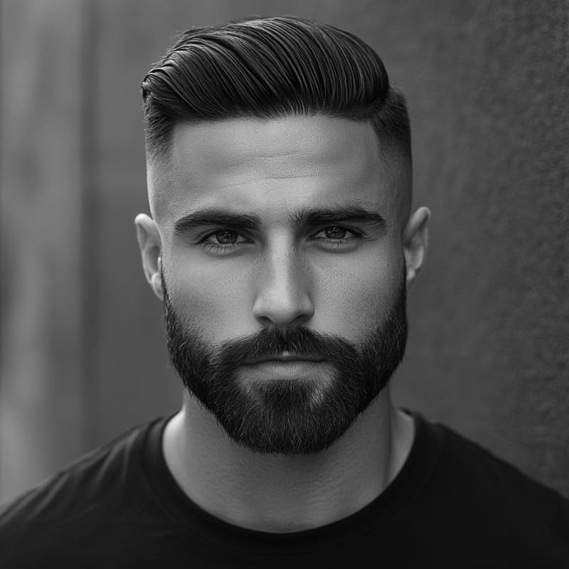 A black-and-white close-up portrait of a man with a high fade haircut and a full, well-groomed beard. His hair is styled with precision, featuring a sleek, voluminous top that contrasts sharply with the clean fade on the sides. His thick beard is neatly shaped, complementing his chiseled jawline and strong facial features. His intense gaze and confident expression add to the striking visual impact. The blurred background enhances the focus on his meticulously styled hair and beard, emphasizing a polished and masculine aesthetic.