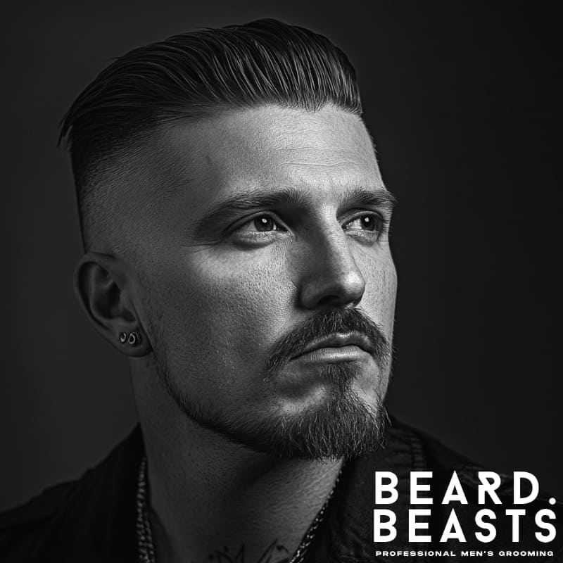 A bold black-and-white portrait of a man featuring a high fade with a goatee, combining sharp precision with a confident, masculine edge. His sleek, styled top contrasts with the clean fade, creating a structured and refined appearance. The well-groomed facial hair enhances his features, adding definition and balance to the overall style. His intense gaze and dark attire contribute to the modern, polished aesthetic, making this look ideal for both professional and casual settings.