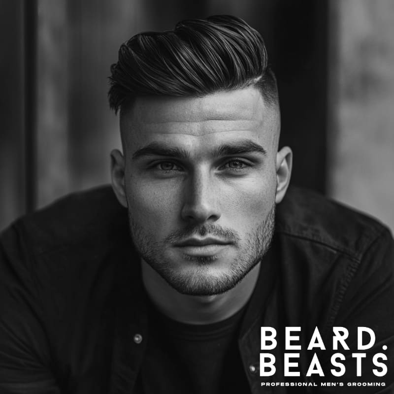 A black-and-white close-up portrait of a man with a High Volume Comb Over Undercut, featuring a voluminous, swept-back top and a sharp fade on the sides. His thick hair is styled with texture and lift, creating a bold yet refined look. He has a well-groomed beard, strong jawline, and an intense gaze, adding to his masculine and confident appearance. The blurred background keeps the focus on his hairstyle and facial features.