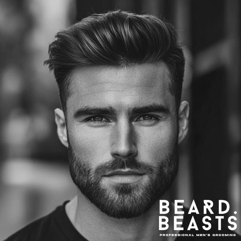 Black-and-white portrait of a confident man with a high volume comb over hairstyle and a neatly groomed short beard. His thick hair is styled with height and swept to the side, while the sides are cleanly faded. The beard adds a rugged yet polished touch, enhancing the overall sharp and masculine look. He wears a fitted dark shirt, and the background is softly blurred to keep the focus on his hairstyle and grooming.