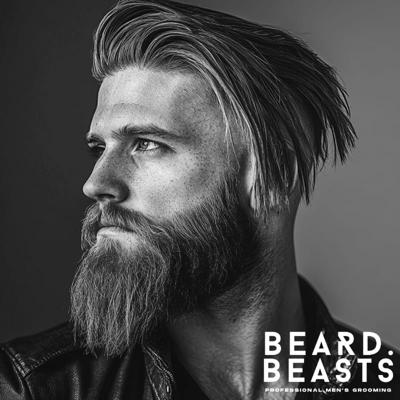 Black and white side profile of a man with a long hair comb over and full, thick beard. The top is styled with natural volume and a sweeping motion to the side, while the sides are left longer, blending into the beard. He has a rugged, masculine look and is wearing a leather jacket. The Beard Beasts logo is displayed in the bottom corner, reflecting a bold and professional men’s grooming style.