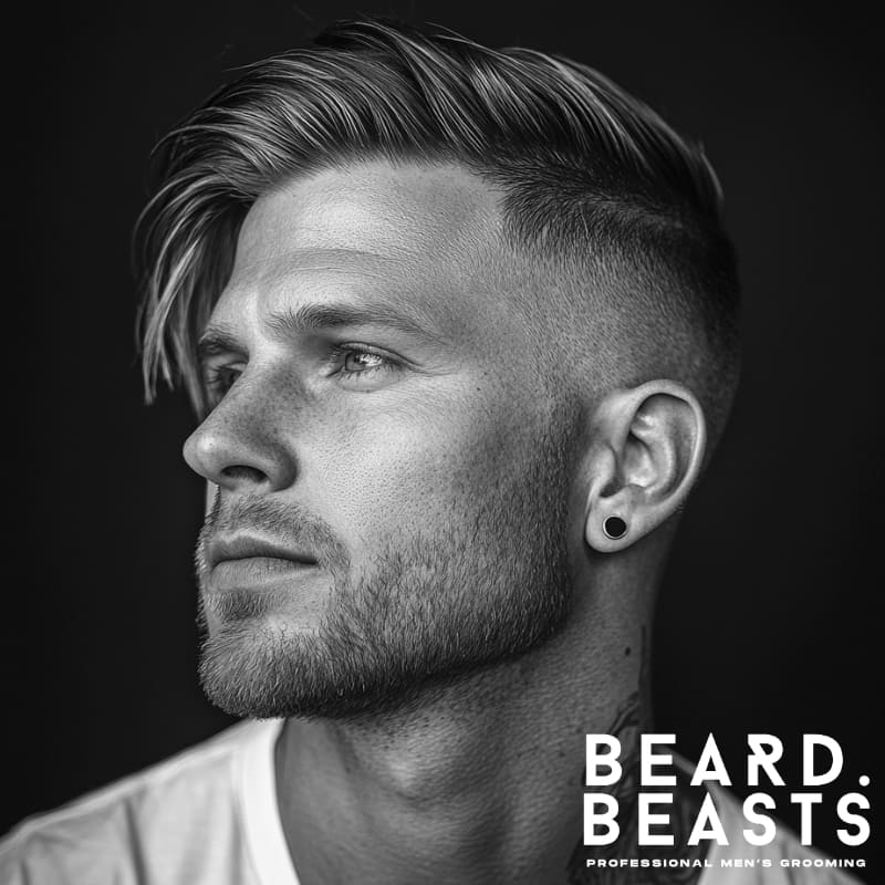 Side profile of a modern man with a long hair comb over and a high skin fade, featuring medium-length hair swept to the side with subtle texture and clean, sharp fade on the sides. He has a well-groomed stubble beard, wears a simple t-shirt and black stud earring, and the image includes the Beard Beasts logo in the corner. The portrait is black and white with a professional men’s grooming aesthetic.