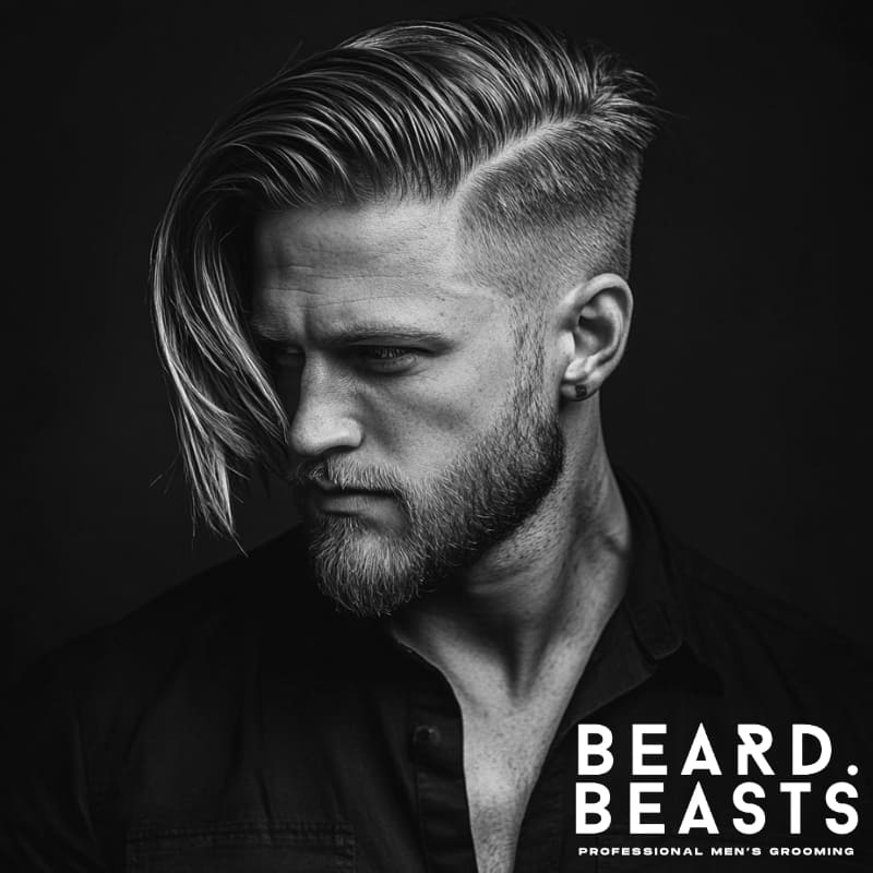 Black and white portrait of a man with a long hair comb over featuring a sharp hard part and disconnected undercut. The top is styled with a slick, dramatic sweep to one side, extending past the cheekbone. The sides are closely shaved, and he has a full, well-groomed beard. He’s wearing a dark button-up shirt and an earring, with the Beard Beasts logo in the corner. The image conveys a bold, modern men’s grooming aesthetic.