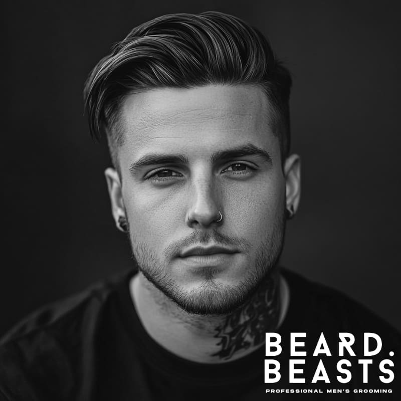 A confident man with a Long Comb Over with a Disconnected Undercut, featuring a voluminous, side-swept top and sharply contrasted short sides. His textured hair flows effortlessly, creating a bold yet refined look that blends modern edge with classic style. A subtle beard and a striking neck tattoo add to his distinctive appearance, enhancing his rugged and stylish presence. The monochrome composition highlights the clean lines of the haircut, emphasizing depth and structure. The