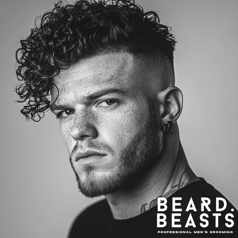Black and white portrait of a man with a long curly comb over featuring tightly defined curls swept to one side. The hairstyle includes a high skin fade on the sides and back, creating sharp contrast with the voluminous curly top. He has a neatly shaped beard, ear piercings, and a visible neck tattoo. The man wears a dark shirt, and the Beard Beasts logo is displayed in the corner. The image reflects a bold and modern men’s grooming style.